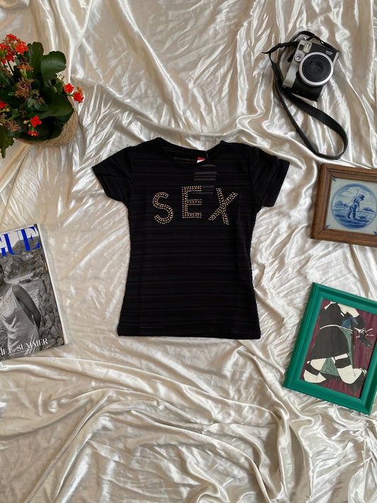 Brand new black stripped top with sex rhinestone details