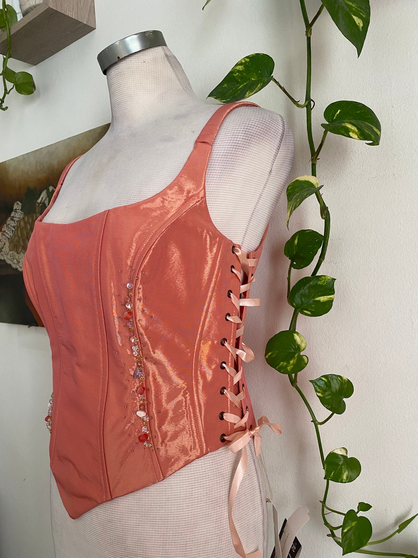Brand new liquid organza orange lace up beaded corset