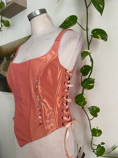 Brand new liquid organza orange lace up beaded corset