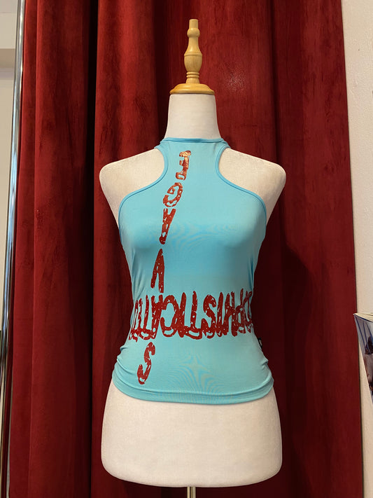 Baby blue y2k top with red graphic details 💋