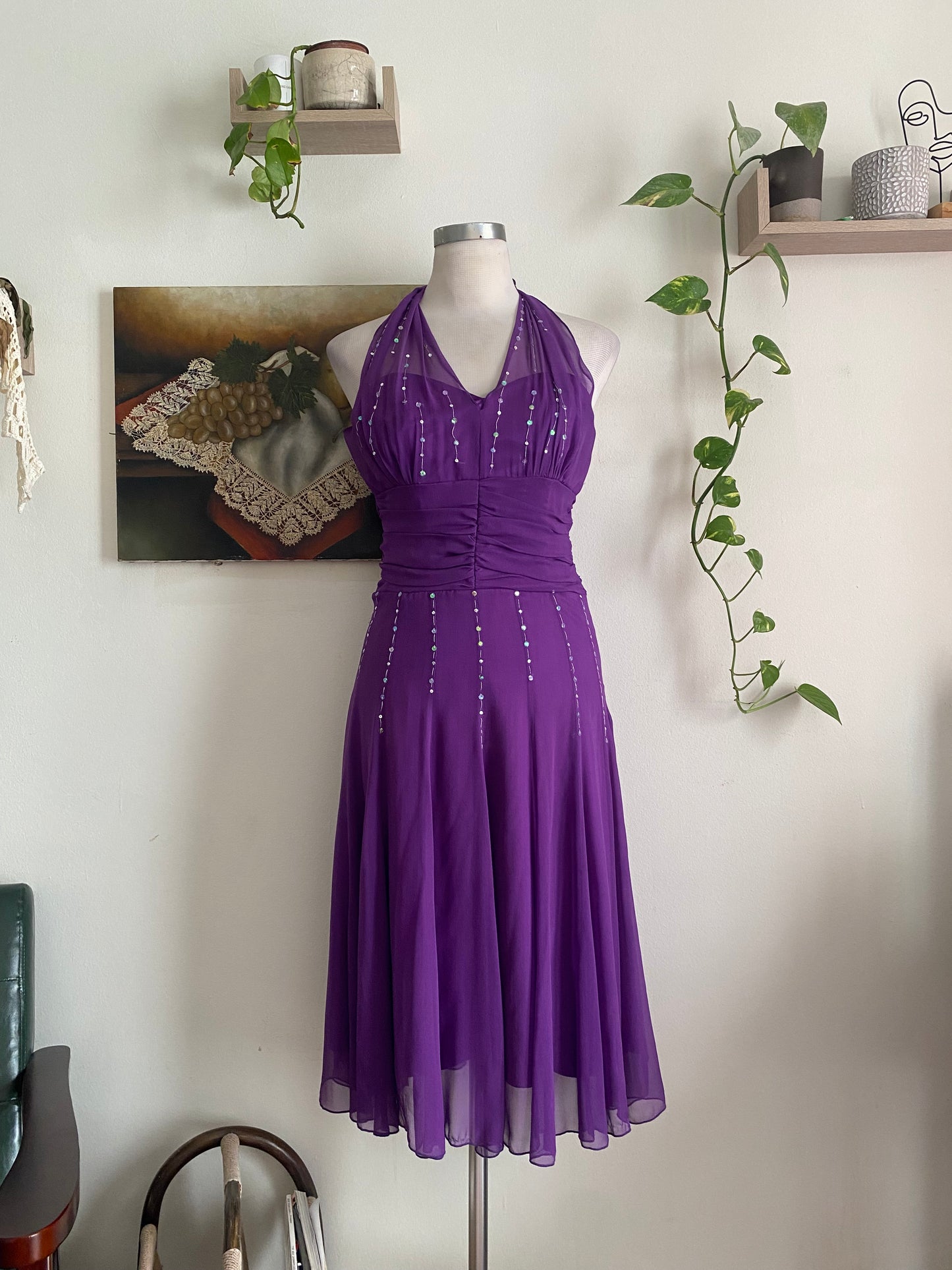 100% silk brand new handbeaded purple gown
