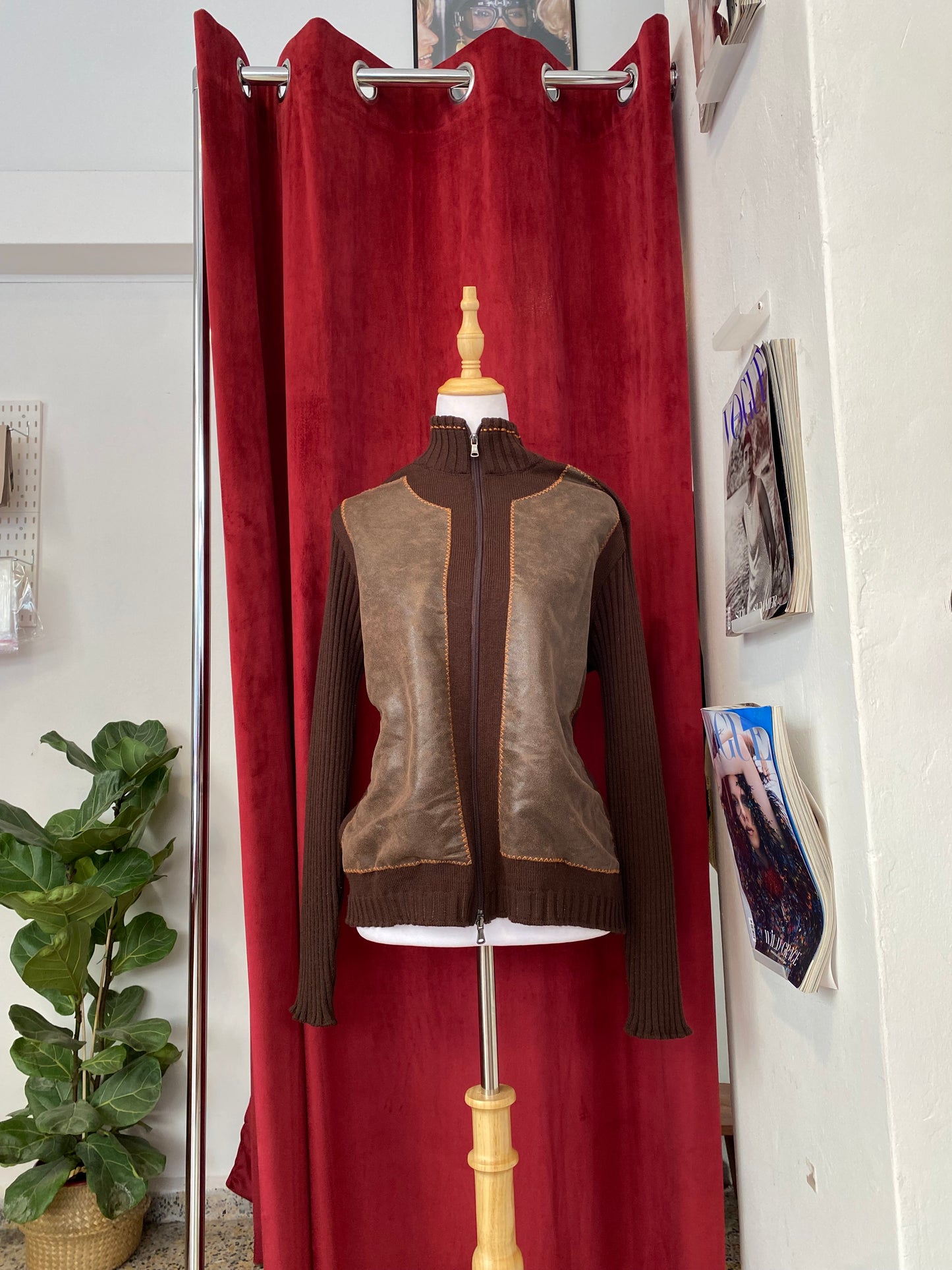 Brown leather crochet jacket