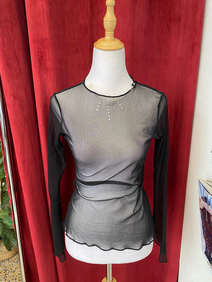 Sheer black top with rhinestone details