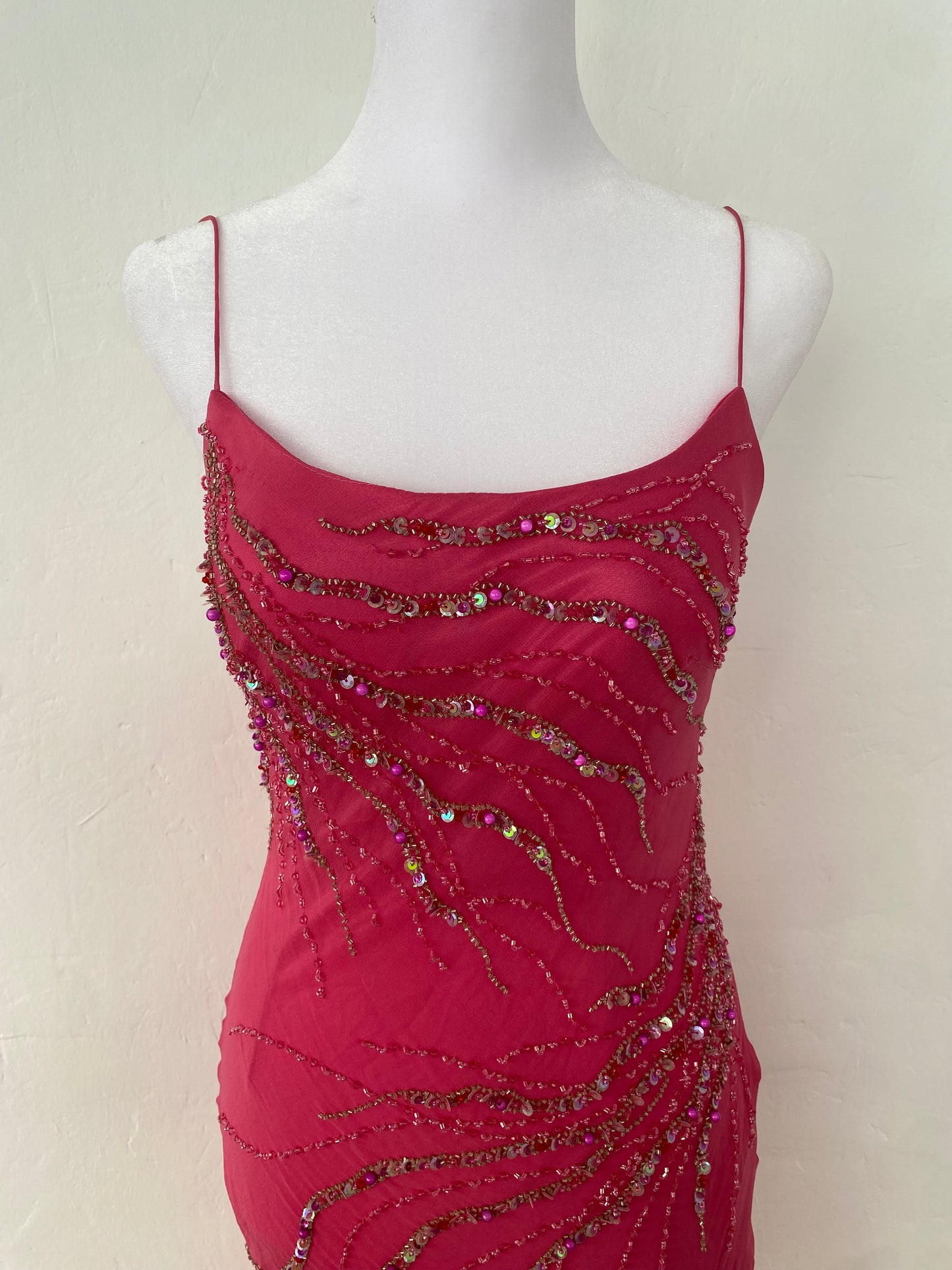 100% silk brand new pink handbeaded ruffled gown