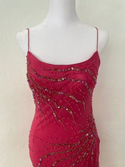 100% silk brand new pink handbeaded ruffled gown