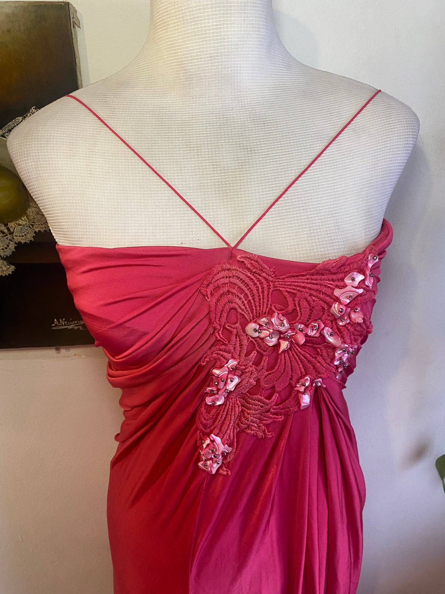 Brand new haute couture high slit pink rushed up dres