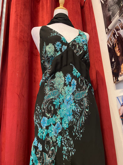 All over handbeaded maxi ruffled dress with matching scarf