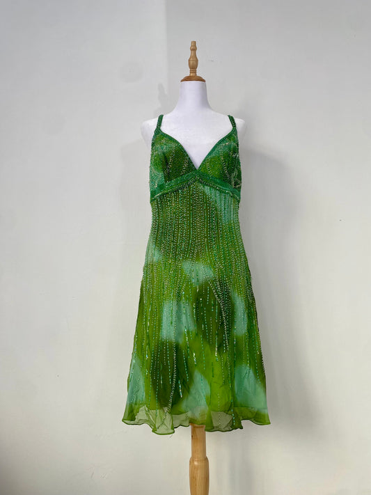 100% silk brand new green all over handbeaded dress