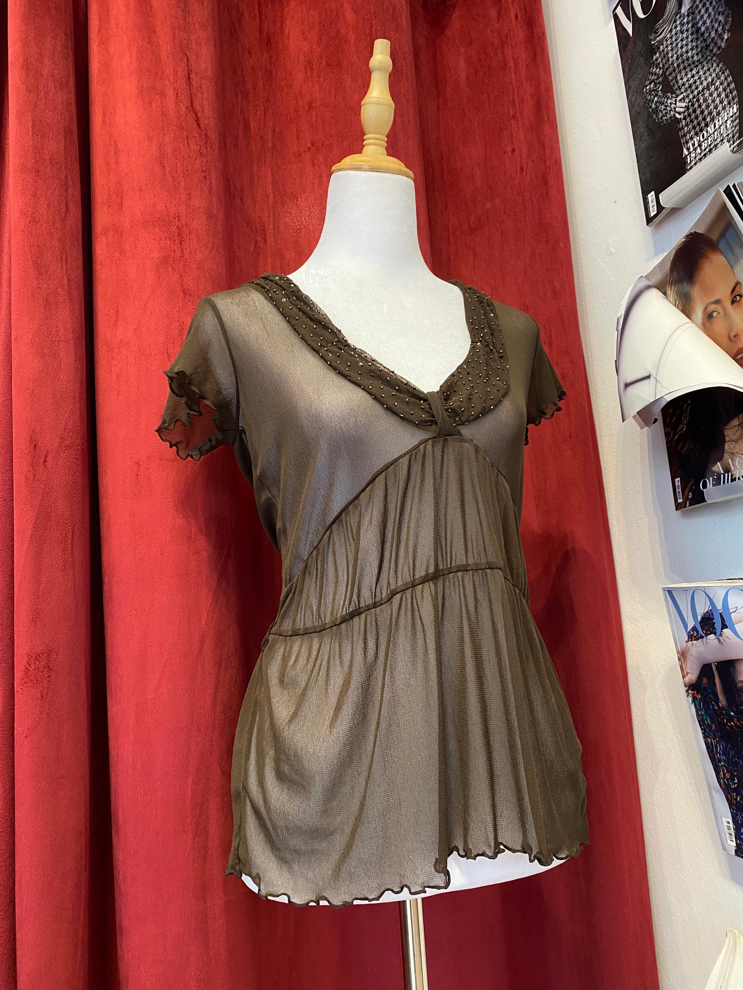 Brown mesh top with sequin details