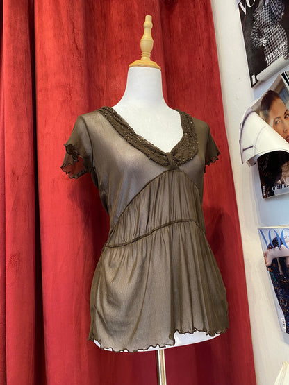 Brown mesh top with sequin details
