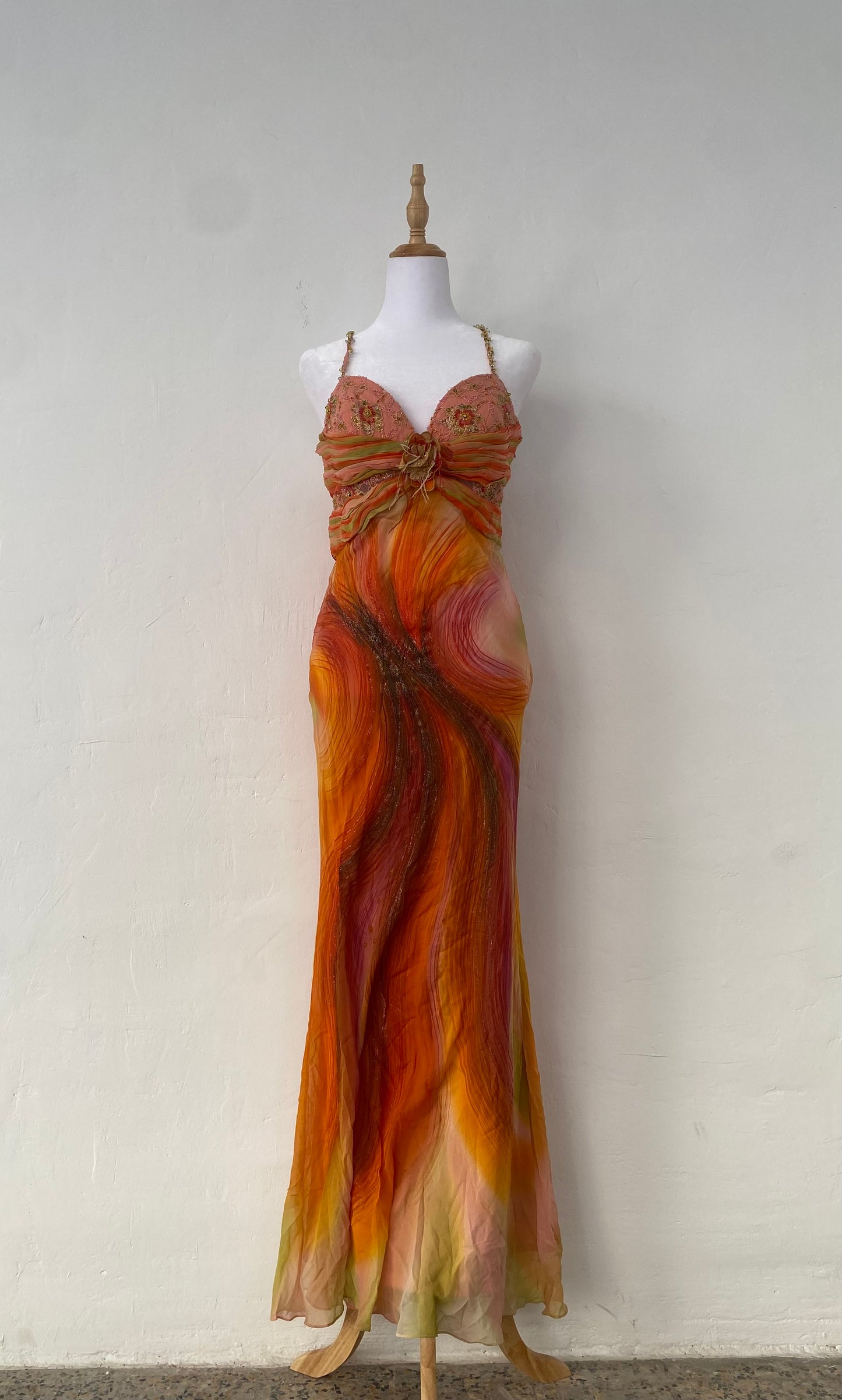 100% silk brand new sunset gown with handbeaded details