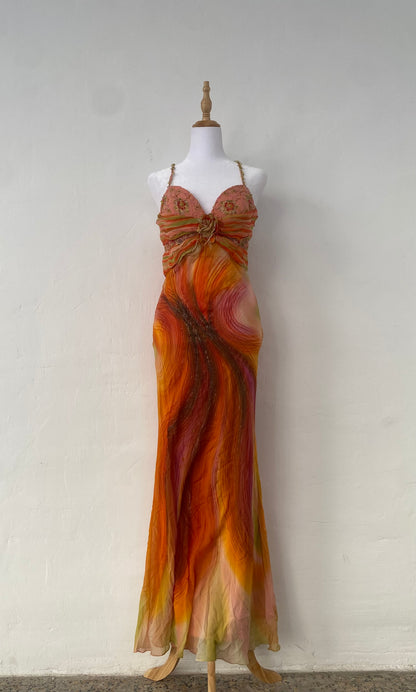 100% silk brand new sunset gown with handbeaded details