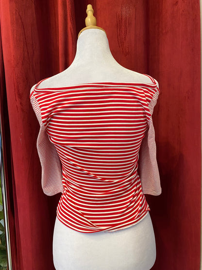 Morgan stripped red top with off the shoulder details