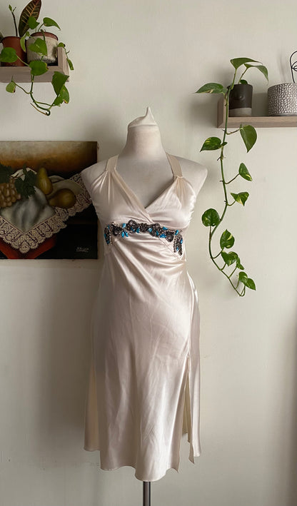 Satin mini white beaded dress