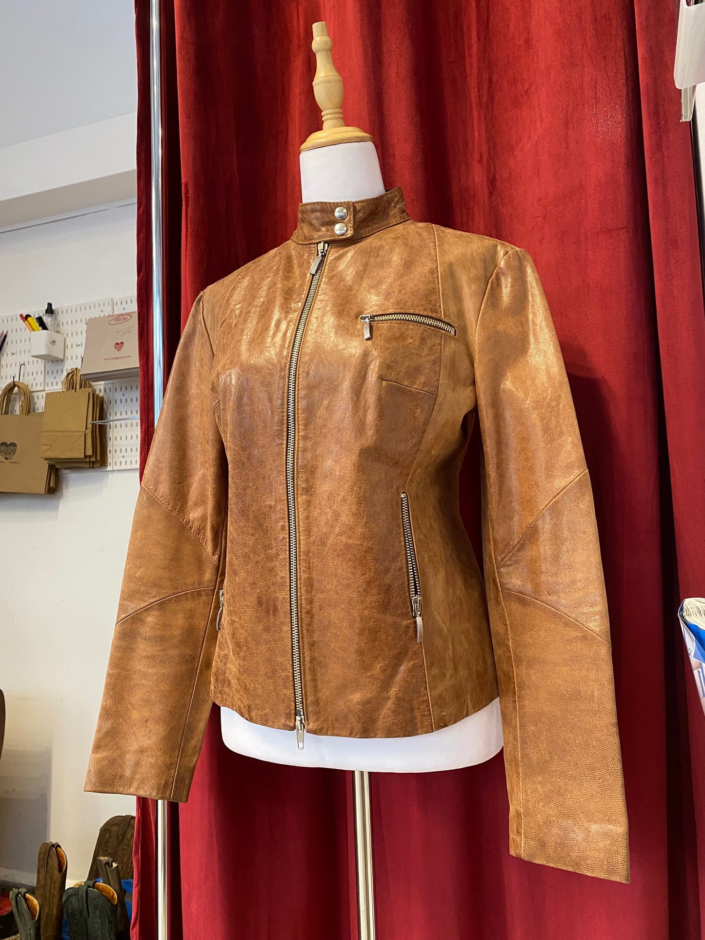 Real leather fitted biker brown leather