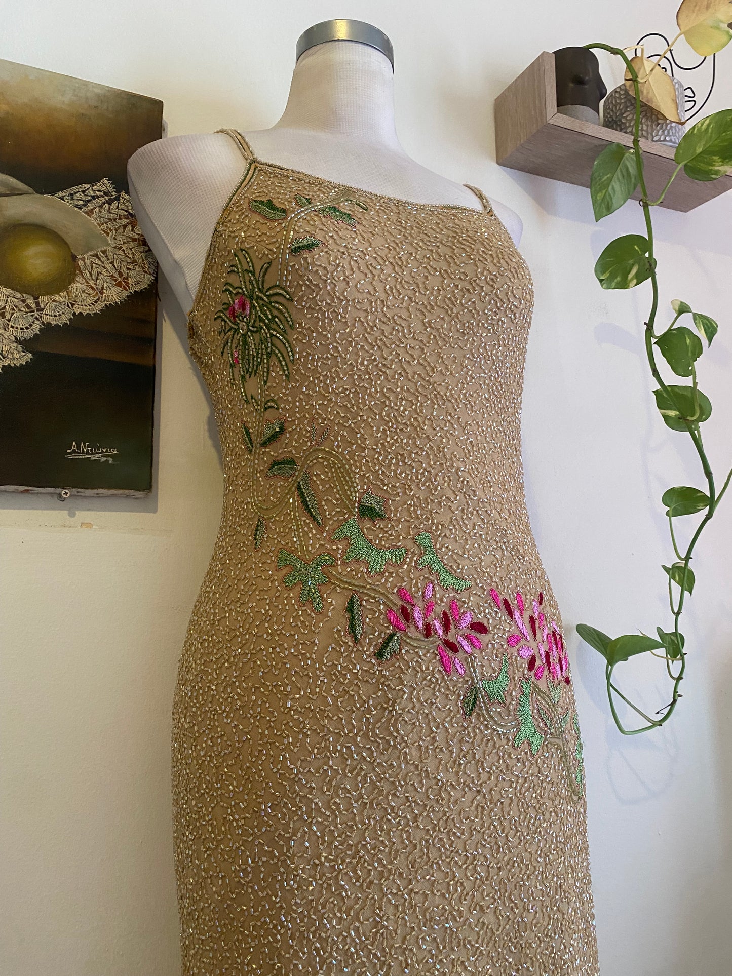 100% silk all over handbeaded gown with flower details