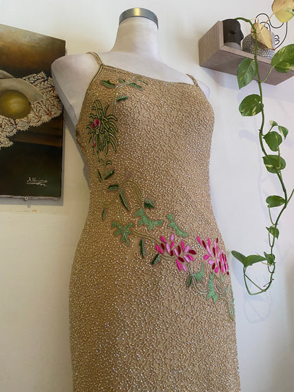 100% silk all over handbeaded gown with flower details