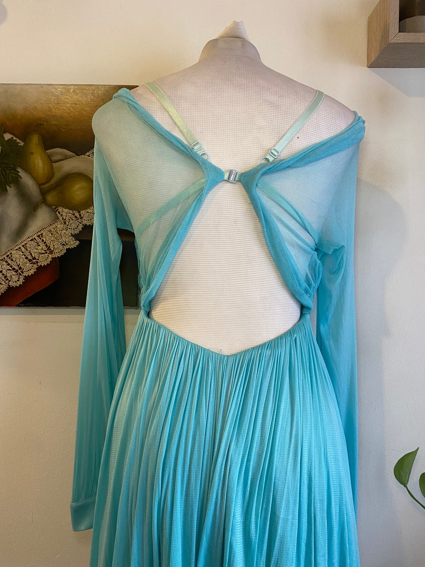 Brand new haute couture silk net baby blue mini dress