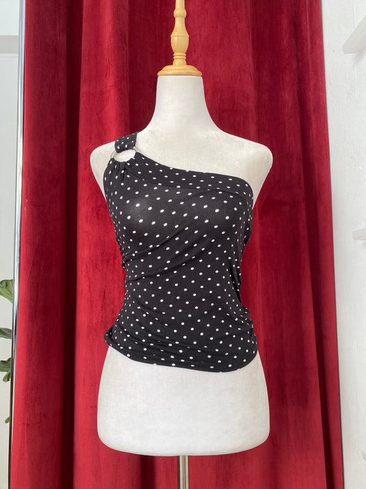 Black one shoulder polka dot top