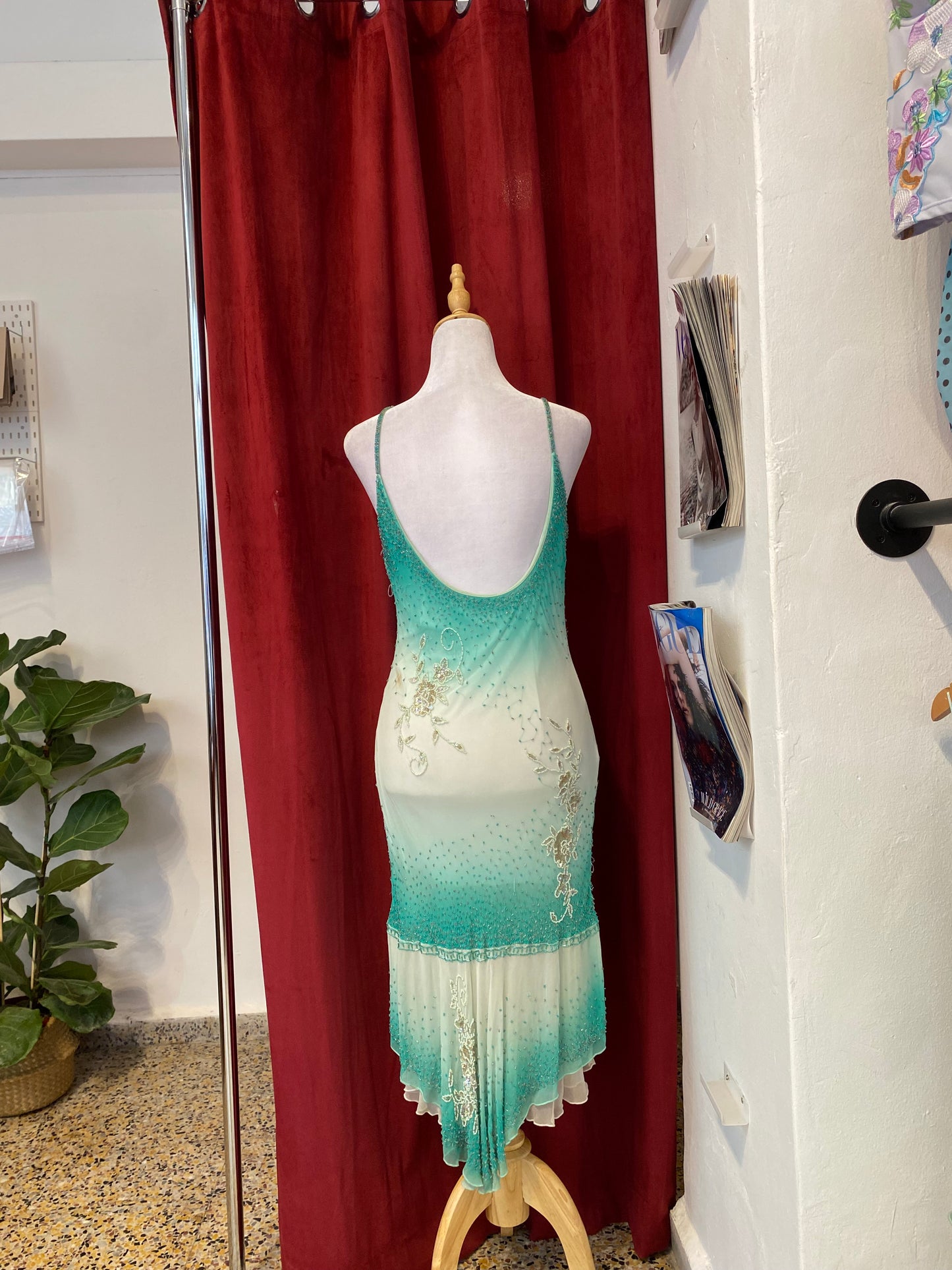 100% silk turquoise all over sequin ruffled dress🧚