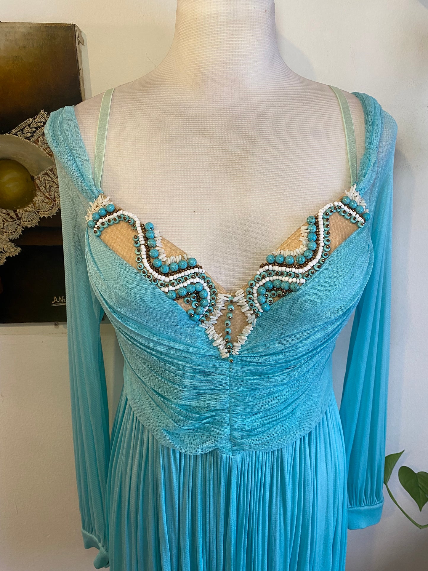 Brand new haute couture silk net baby blue mini dress