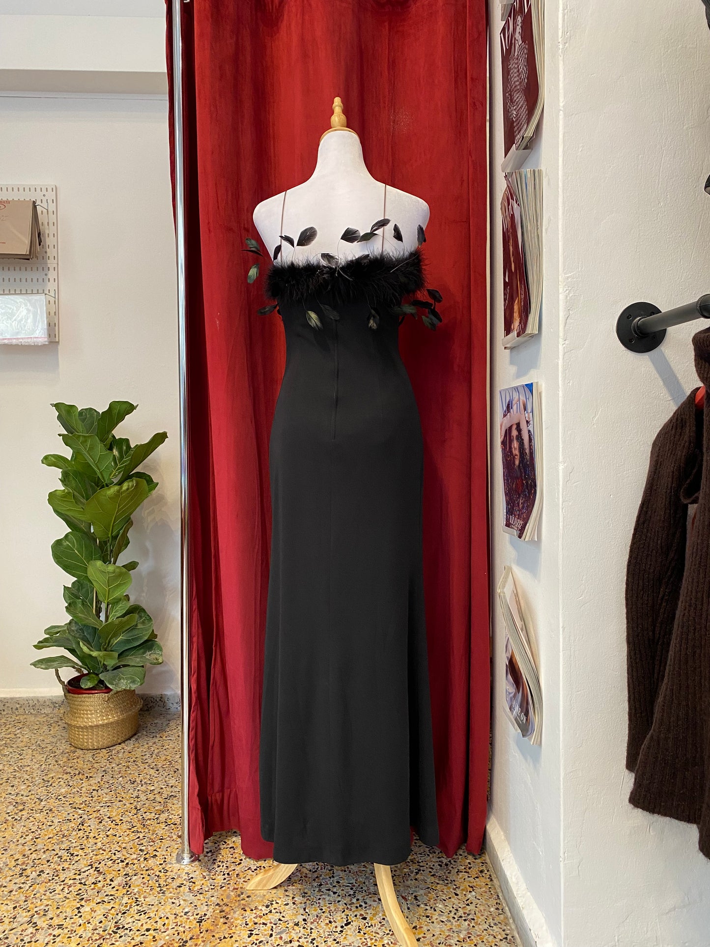 Brand new black gown with feather details