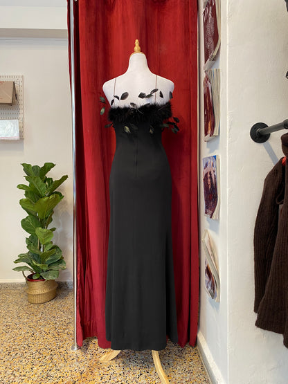 Brand new black gown with feather details