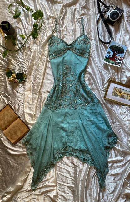 100% silk fairy baby blue gown with handbeaded details all over