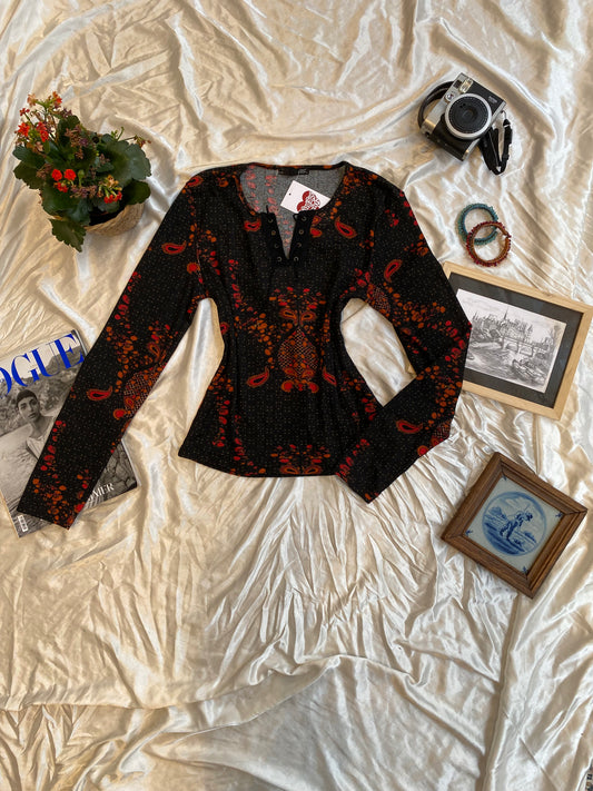 Black lace up multicoloured blouse