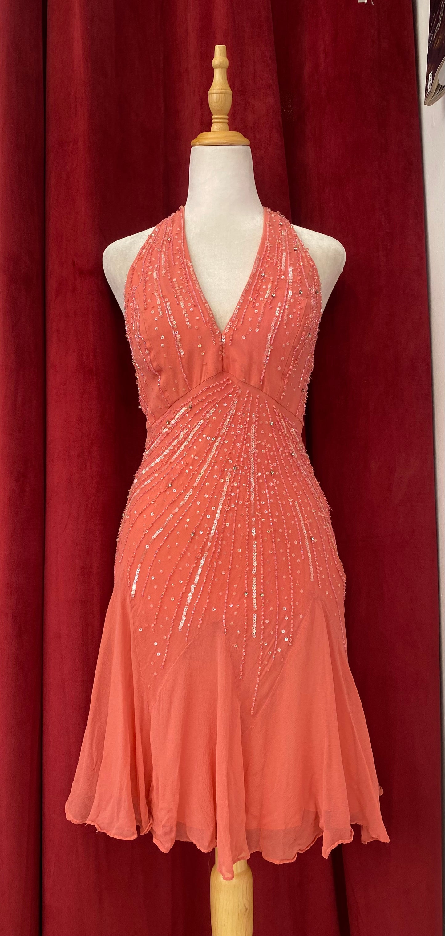100% silk coral handbeaded dress