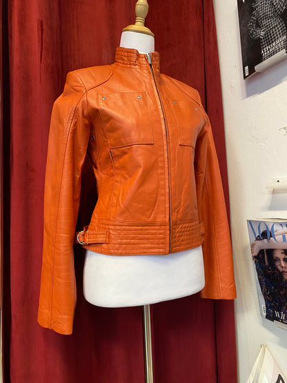 Real leather fitted orange biker jacket