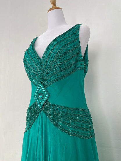 100% silk brand new handbeaded turquoise maxi gown