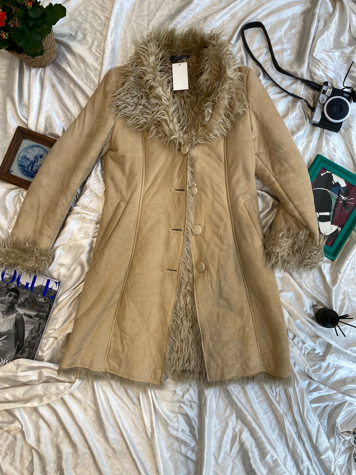 Long beige afghan coat with vegan fur