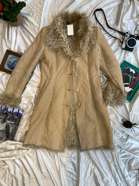 Long beige afghan coat with vegan fur