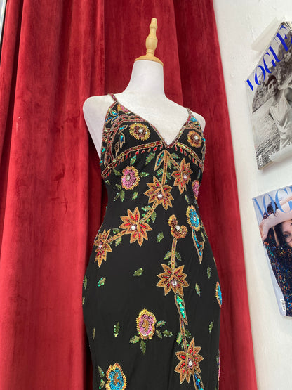 100% silk brand new handcrafted black gown with colourful embellishments 💐