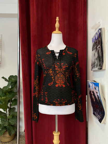 Black lace up multicoloured blouse