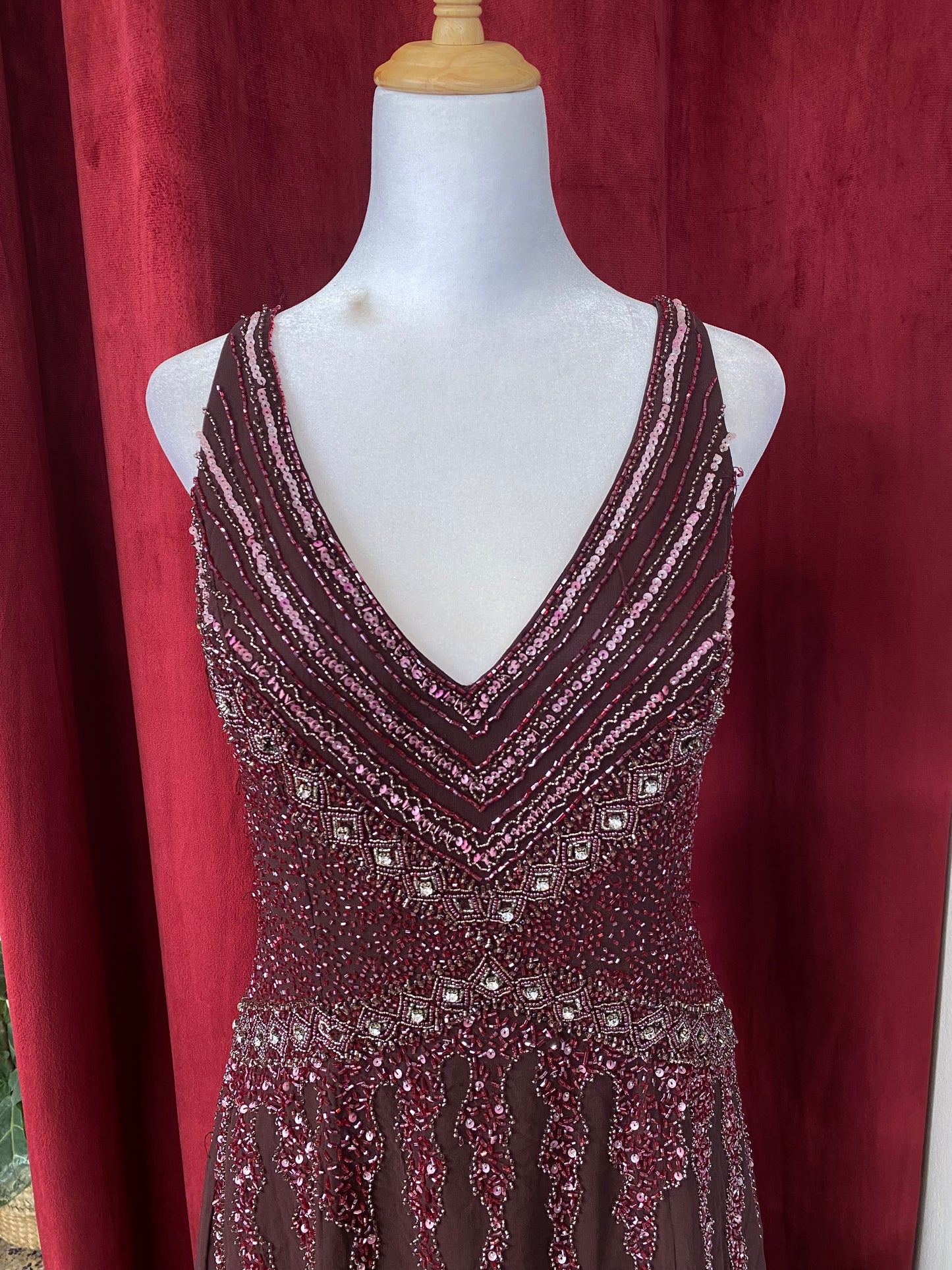 100% silk deep purple gown with sequin details all over
