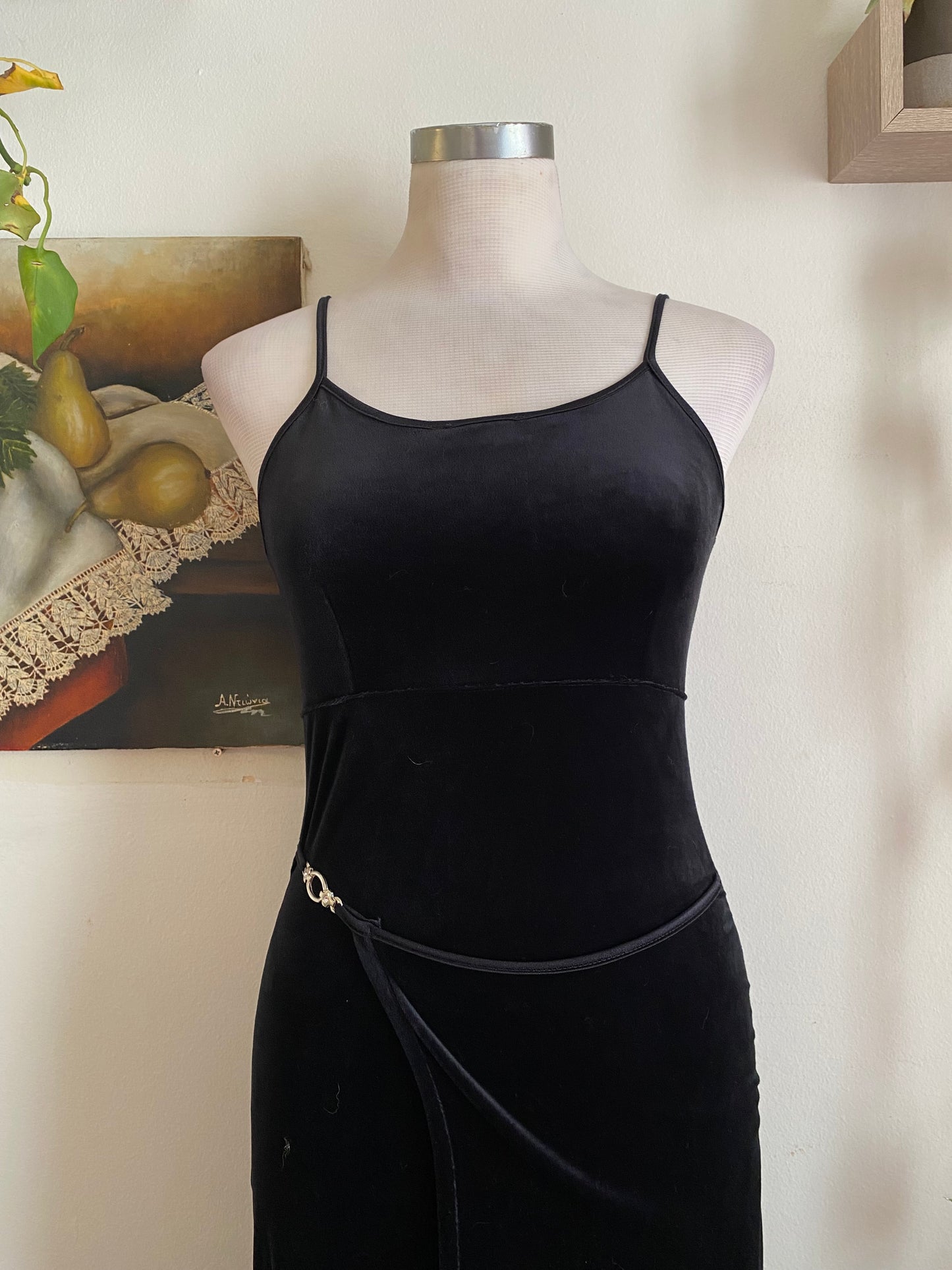 Brand new black maxi velvet dress with buckle details
