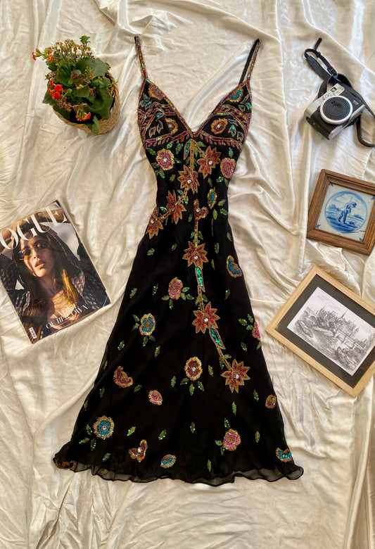 100% silk brand new handcrafted black gown with colourful embellishments 💐