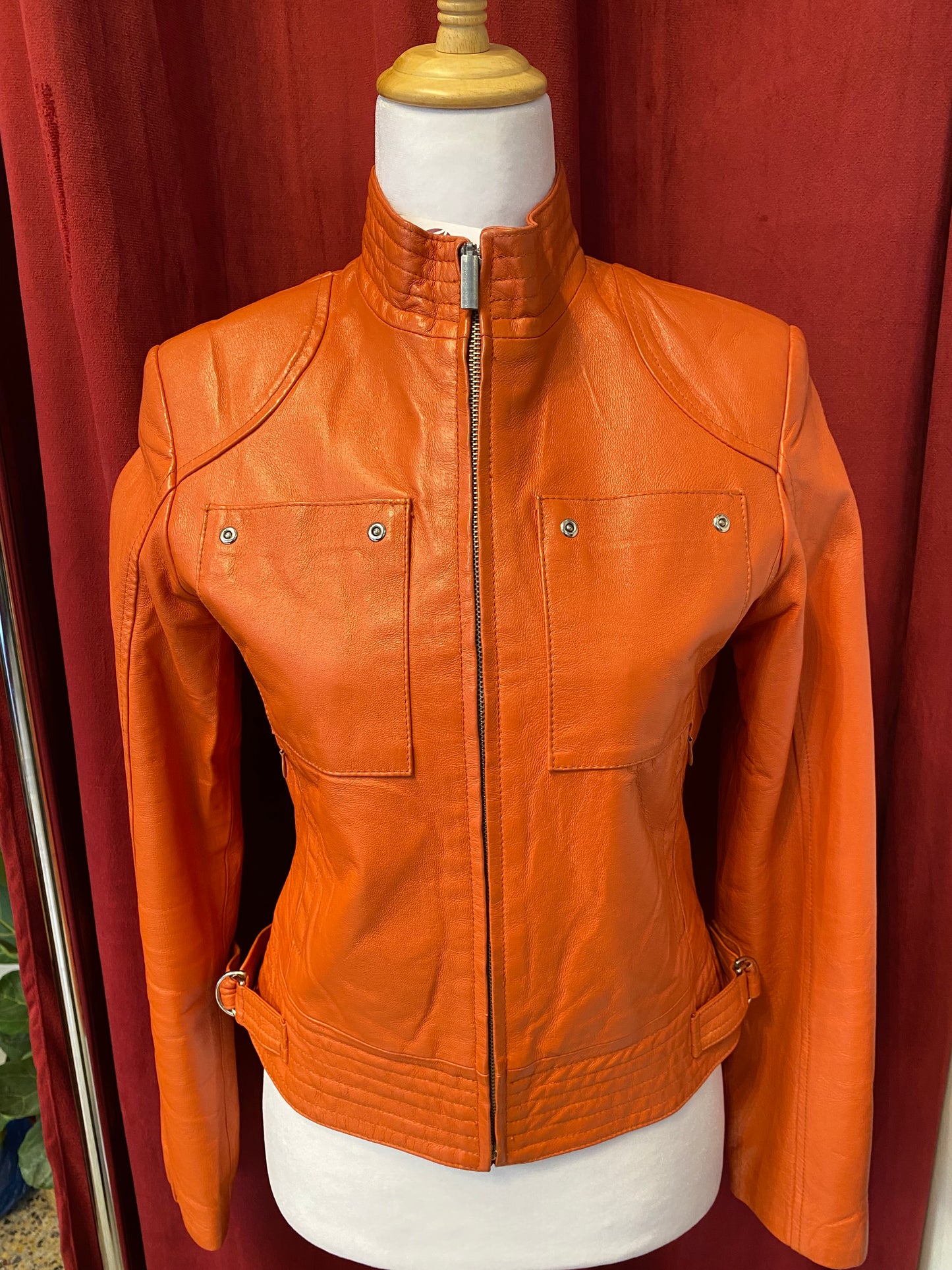 Real leather fitted orange biker jacket