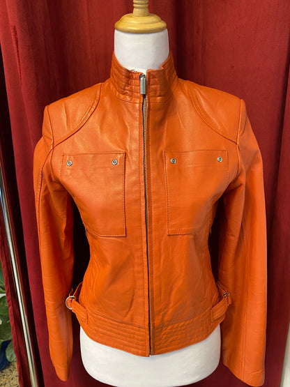 Real leather fitted orange biker jacket