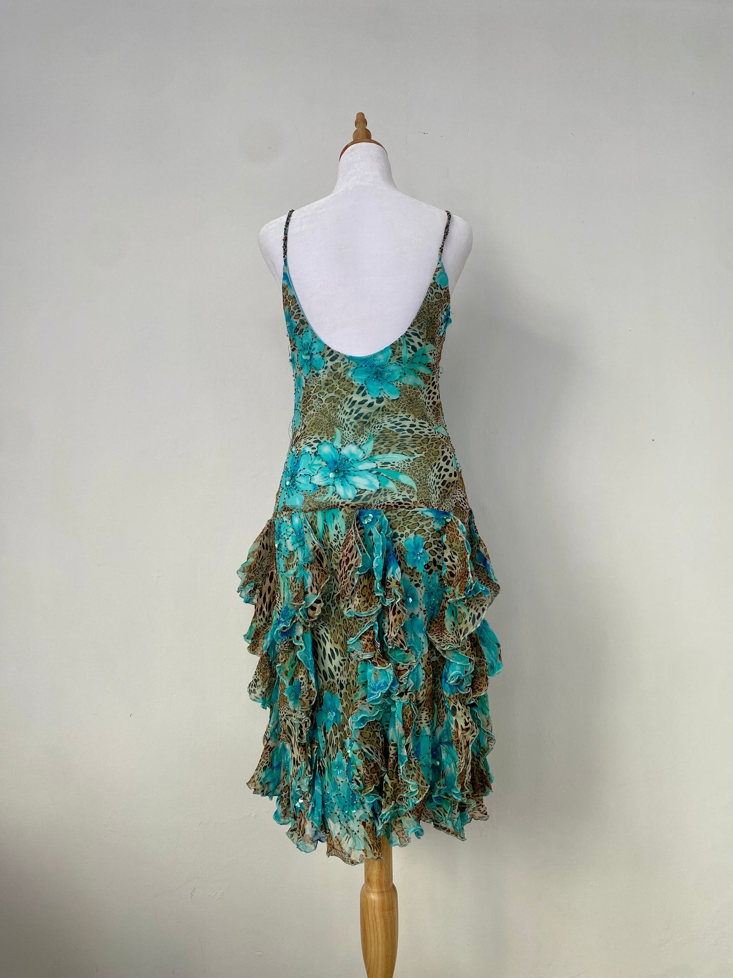 100% silk brand new animal print ruffled gown with handbeaded details