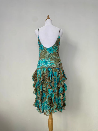 100% silk brand new animal print ruffled gown with handbeaded details