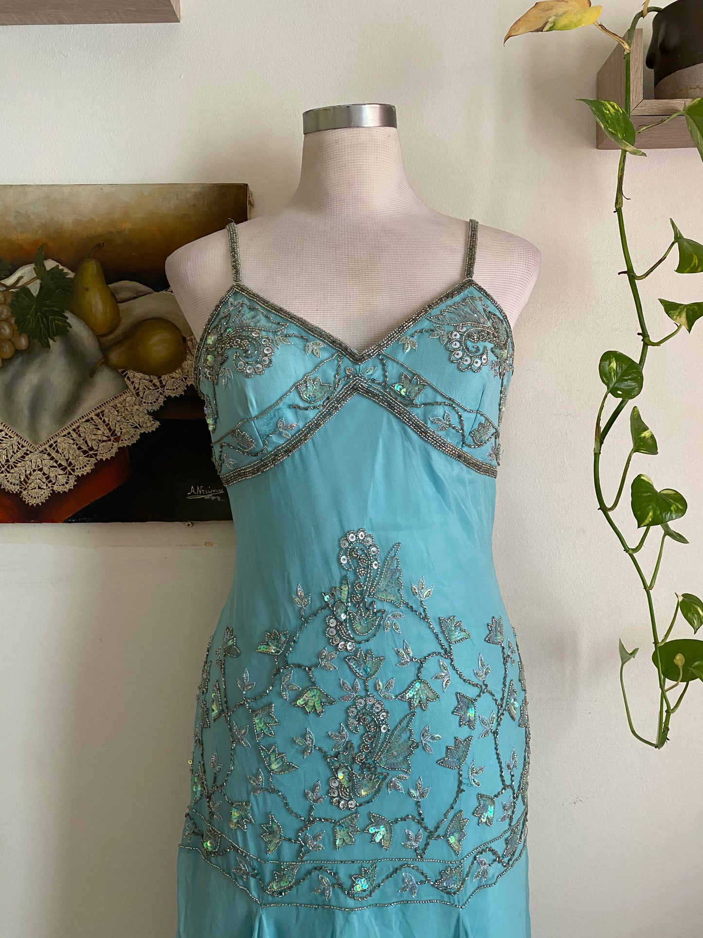 100% silk fairy baby blue gown with handbeaded details all over