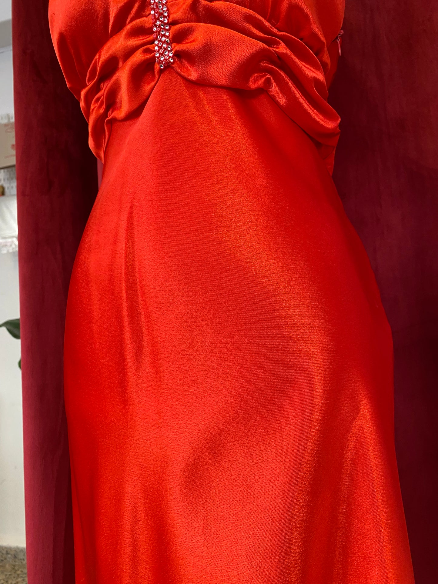 Red maxi satin gown with rhinestones