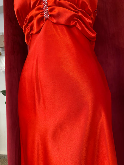 Red maxi satin gown with rhinestones