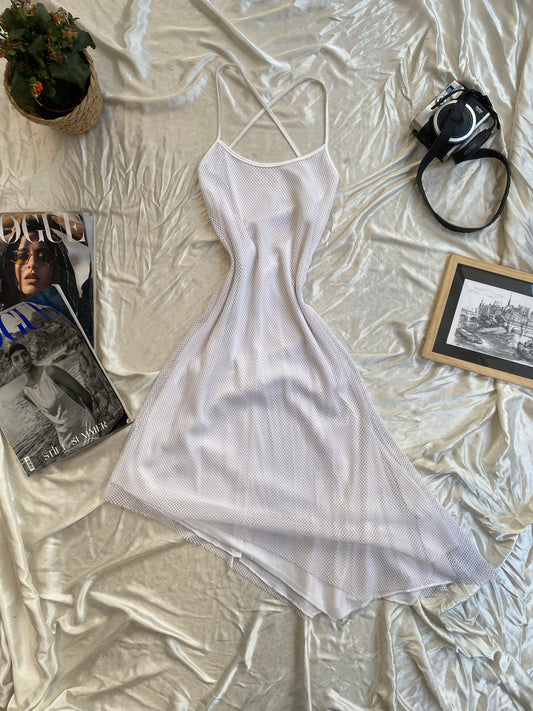 White fishnet open back dress