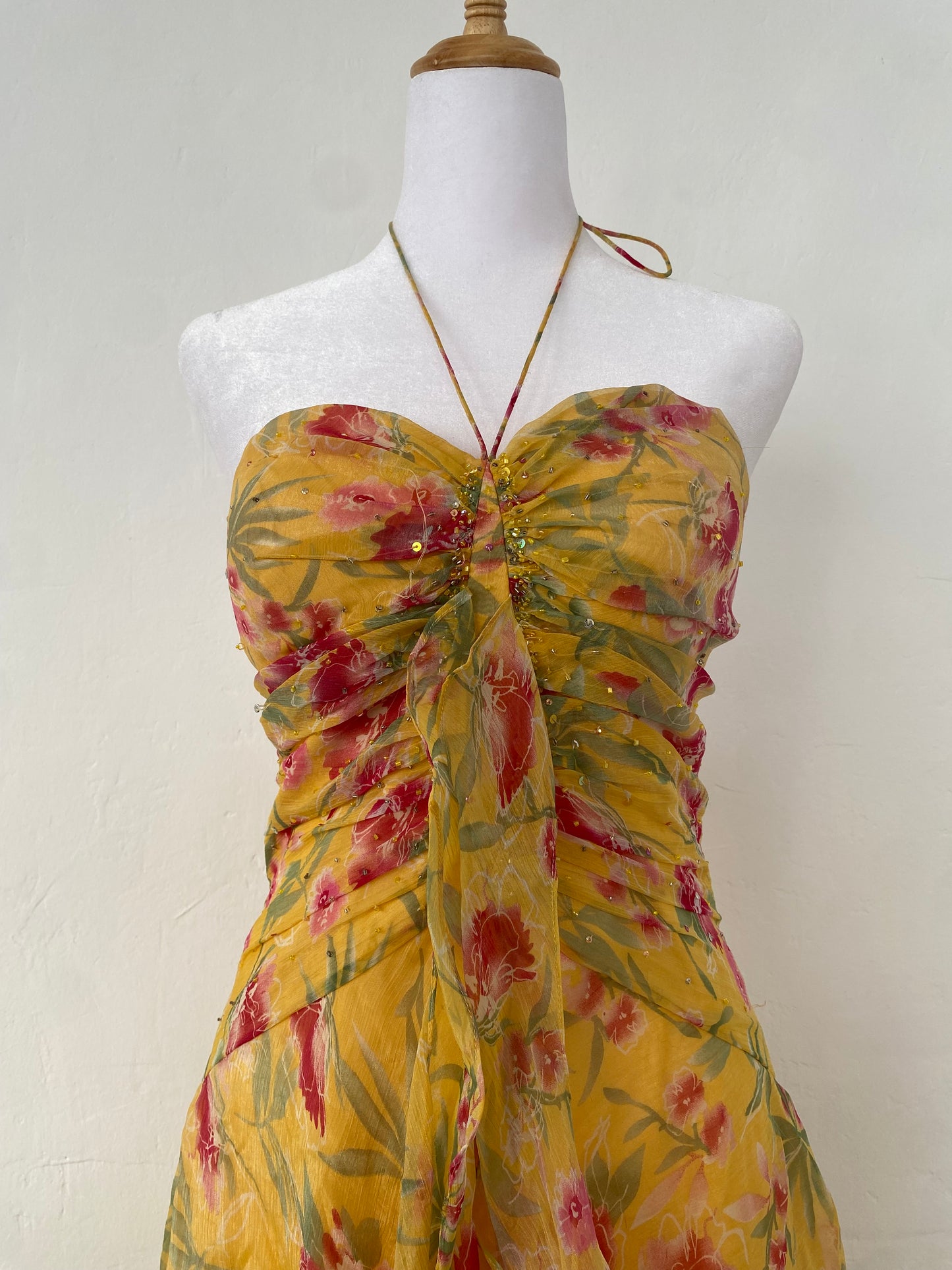 100% silk brand new yellow fairy ruffled dress with handbeaded details