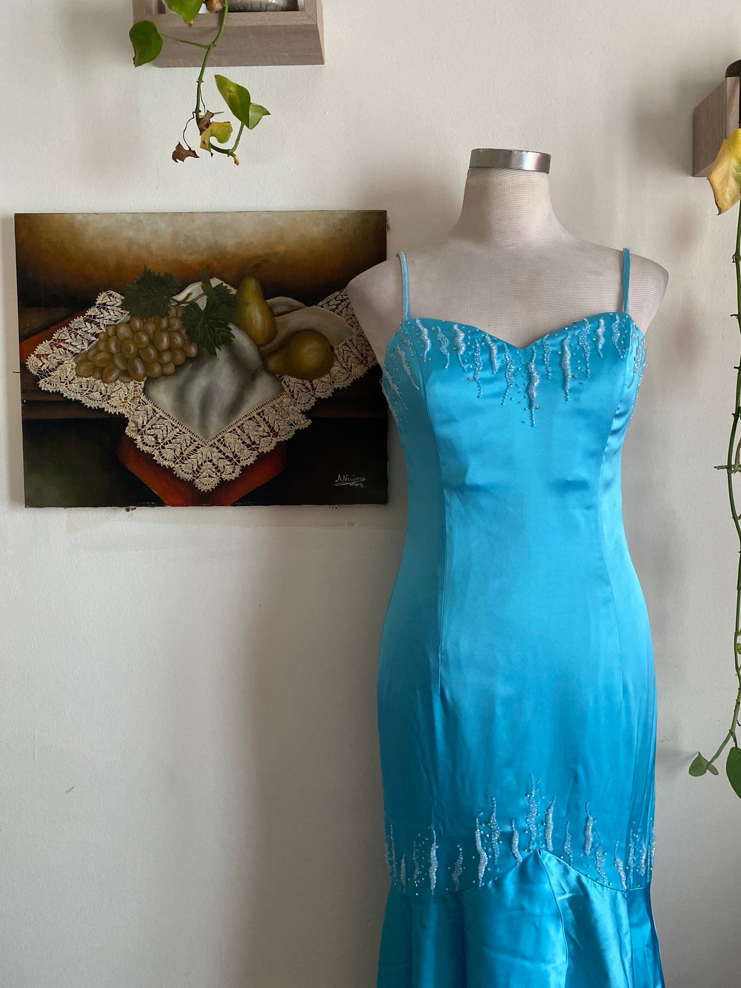 Blue maxi gown with handbeaded details