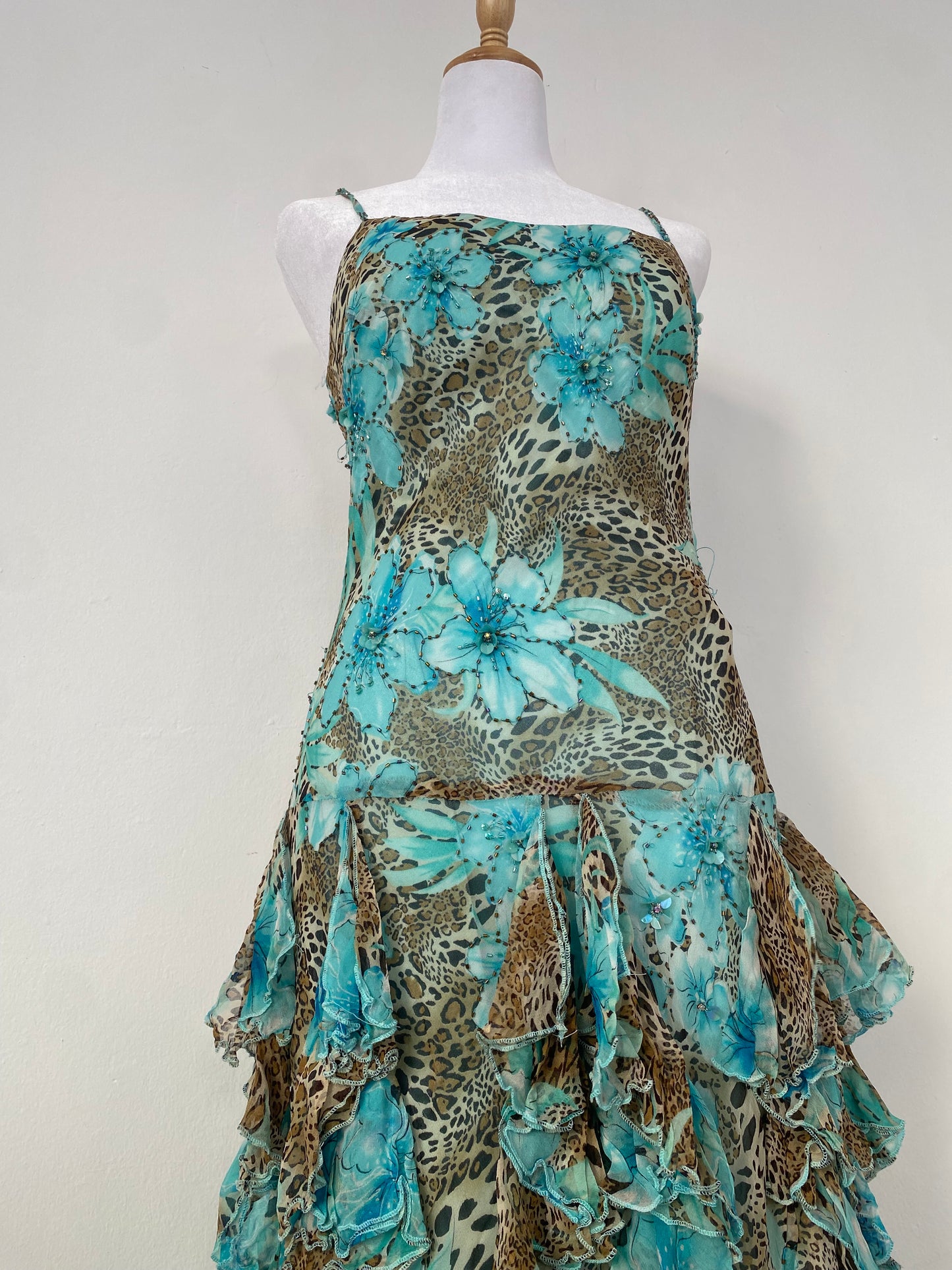 100% silk brand new animal print ruffled gown with handbeaded details
